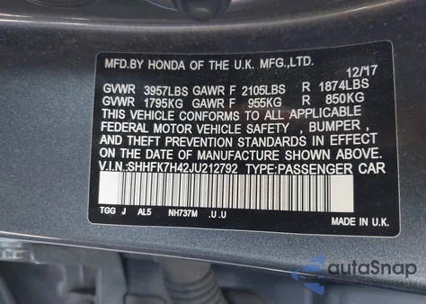 2018 Honda Civic Sport z USA, uszkodzony, nr VIN SHHFK7H42JU212792